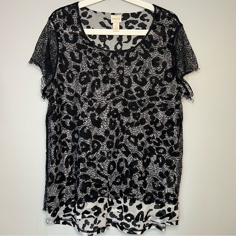 Chico's Cheetah Chaser Black Lace Overlay Blouse Liquid Knit Nylon Top Size XL